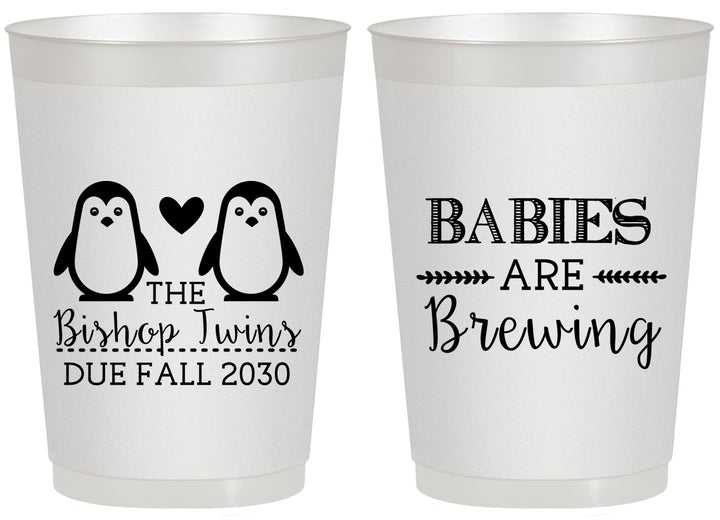 Personalized Baby Shower 20 oz Frosted Cups - Twins Baby Penguins | 90070