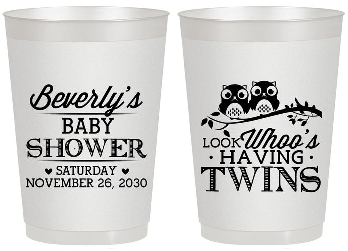 Personalized Baby Shower 20 oz Frosted Cups - Twins Baby Owls | 90074