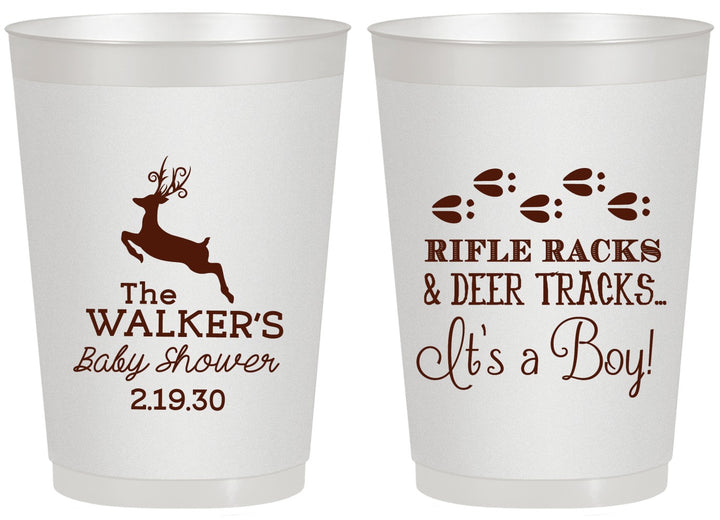 Personalized Baby Shower 20 oz Frosted Cups - Rifle Racks Deer Tracks | 90128