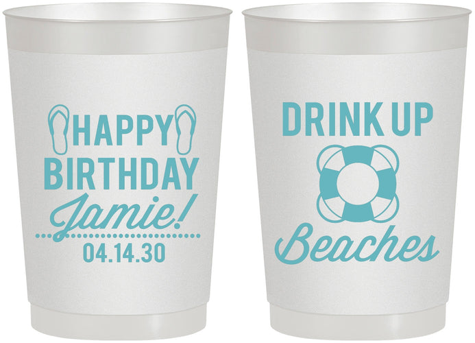 Personalized Birthday 22 oz Frosted Cups - Drink Up Beaches | 20207