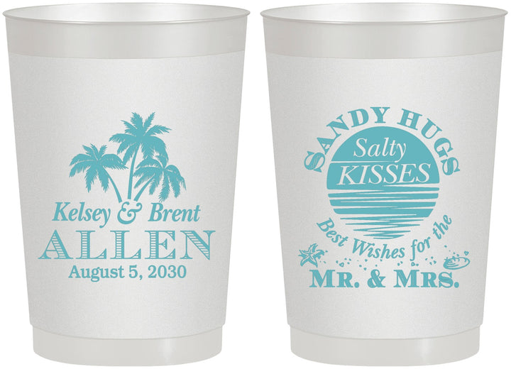 Personalized Wedding 22 oz Frosted Cups - Sandy Hugs Salty Kisses | 425