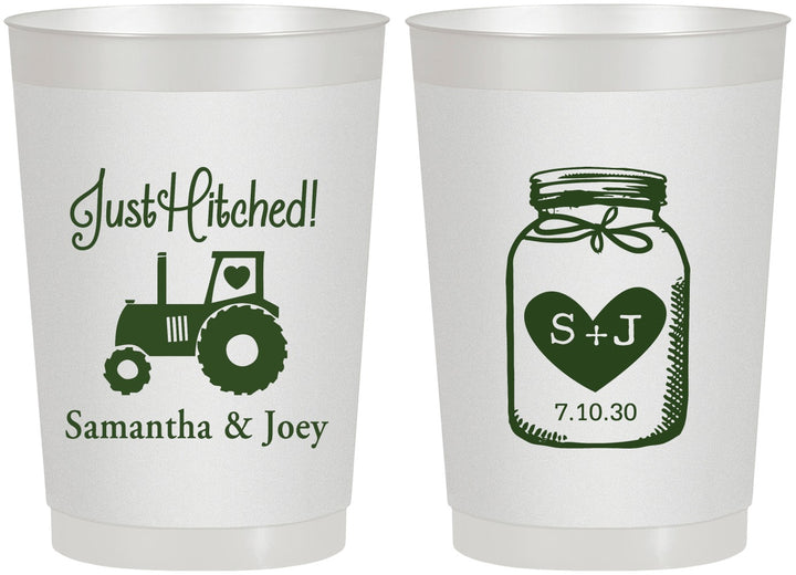 Personalized Wedding 22 oz Frosted Cups - Just Hitched Mason Jar | 483