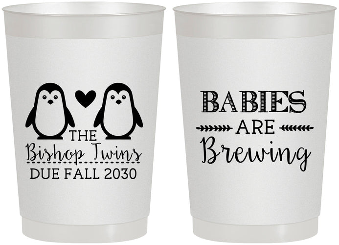 Personalized Baby Shower 22 oz Frosted Cups - Twins Baby Penguins | 90070