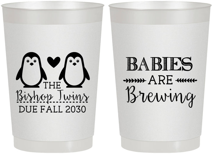 Personalized Baby Shower 22 oz Frosted Cups - Twins Baby Penguins | 90070