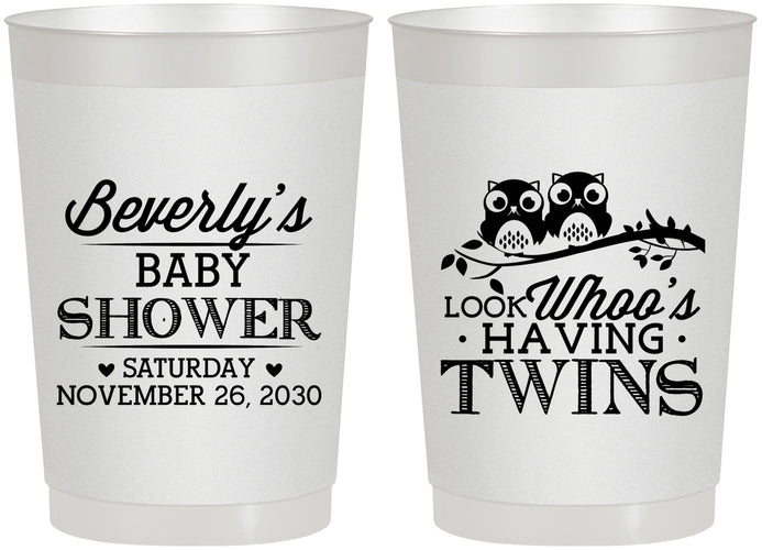 Personalized Baby Shower 22 oz Frosted Cups - Twins Baby Owls | 90074