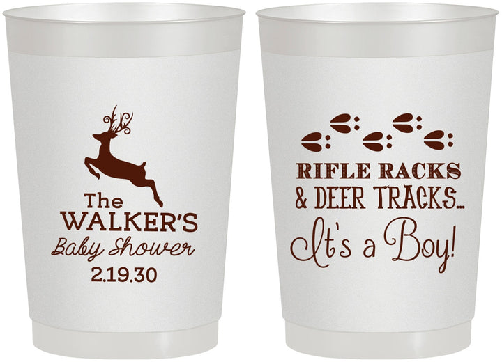 Personalized Baby Shower 22 oz Frosted Cups - Rifle Racks Deer Tracks | 90128