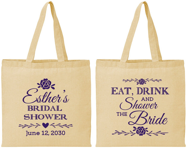 Personalized Bridal Shower Cotton Tote Bags - Eat Drink Shower Bride | 100002