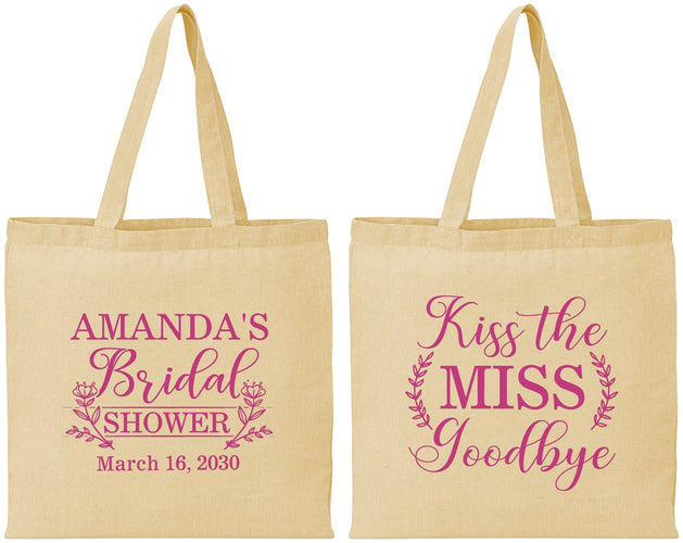 Personalized Bridal Shower Cotton Tote Bags - Kiss The Miss Goodbye | 100017