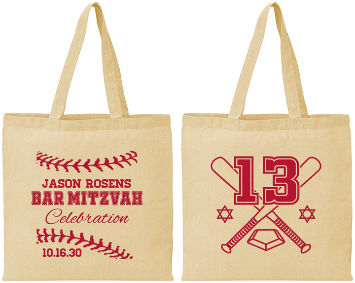 Personalized Bar Mitzvah Cotton Tote Bags - 13th Birthday Baseball | 110005