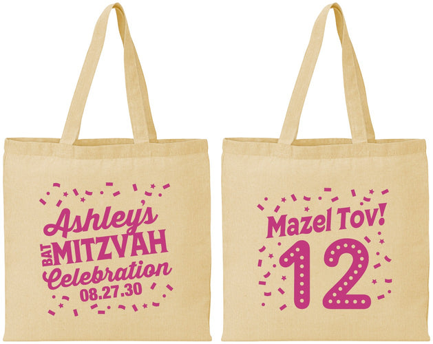 Personalized Bat Mitzvah Cotton Tote Bags - 12th Birthday Mazel Tov | 120007