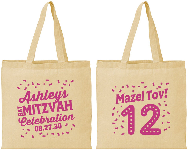 Personalized Bat Mitzvah Cotton Tote Bags - 12th Birthday Mazel Tov | 120007