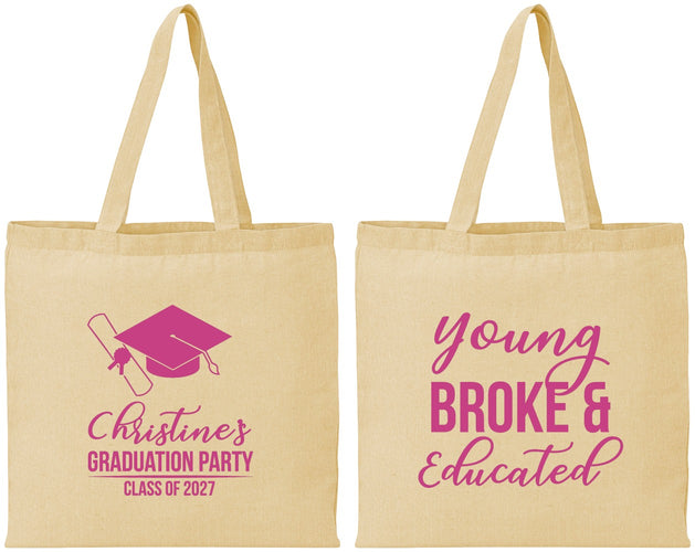 Personalized Graduation Cotton Tote Bags - Class Of 2027 Young Broke | 130026