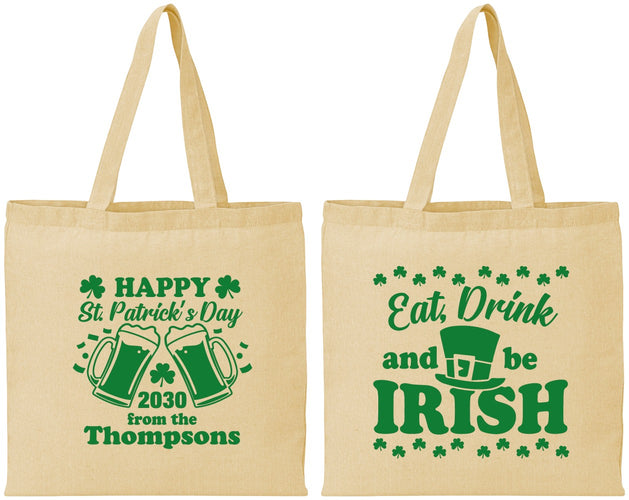 Personalized St Patricks Day Cotton Tote Bags - Eat Drink Be Irish | 200002
