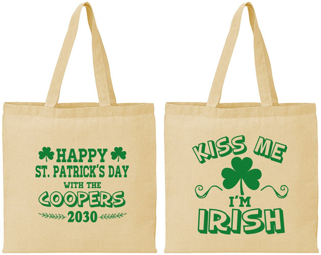 Personalized St Patricks Day Cotton Tote Bags - Kiss Me I Am Irish | 200004