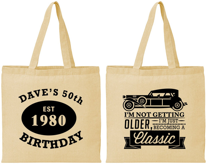 Personalized Birthday Cotton Tote Bags - 50th Classic Car | 20156