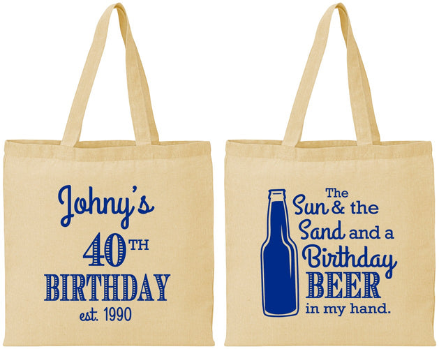 Personalized Birthday Cotton Tote Bags - 40th Sun Sand Beer | 20204