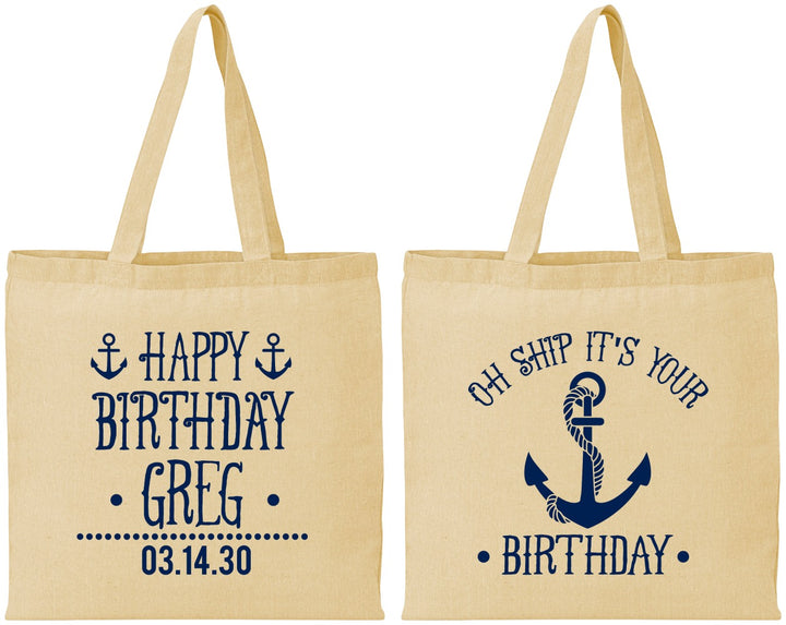 Personalized Birthday Cotton Tote Bags - Oh Ship Nautical | 20238