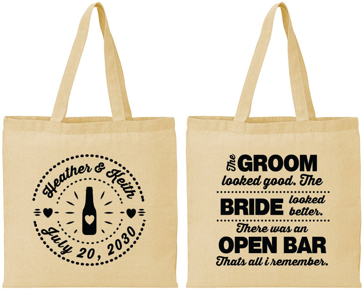 Personalized Wedding Cotton Tote Bags - Groom Bride Open Bar | 253
