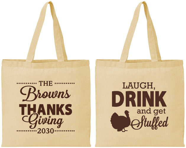 Personalized Thanksgiving Cotton Tote Bags - Laugh Drink Stuffed | 260007