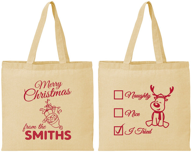 Personalized Christmas Cotton Tote Bags - Naughty Or Nice | 280004