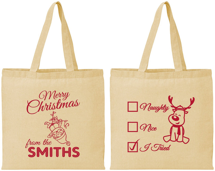 Personalized Christmas Cotton Tote Bags - Naughty Or Nice | 280004