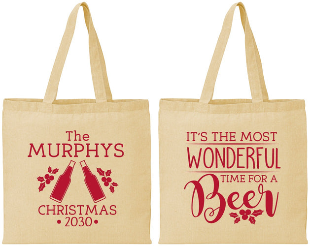 Personalized Christmas Cotton Tote Bags - Wonderful Time For A Beer | 280012