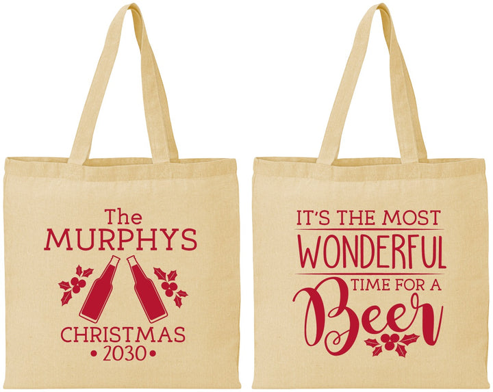 Personalized Christmas Cotton Tote Bags - Wonderful Time For A Beer | 280012