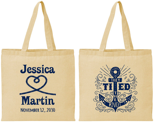 Personalized Wedding Cotton Tote Bags - They Tied The Knot Nautical | 293