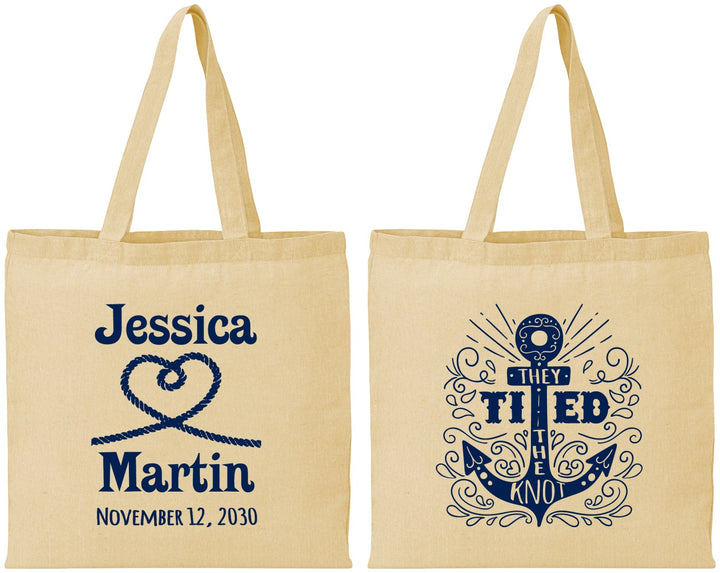 Personalized Wedding Cotton Tote Bags - They Tied The Knot Nautical | 293