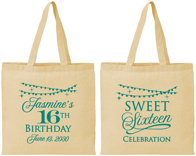 Personalized 16th Birthday Cotton Tote Bags - String Lights | 300009