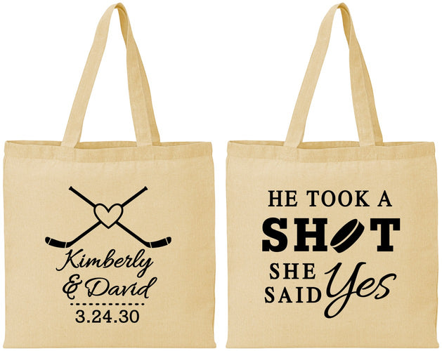 Personalized Wedding Cotton Tote Bags - Took A Shot Hockey | 323