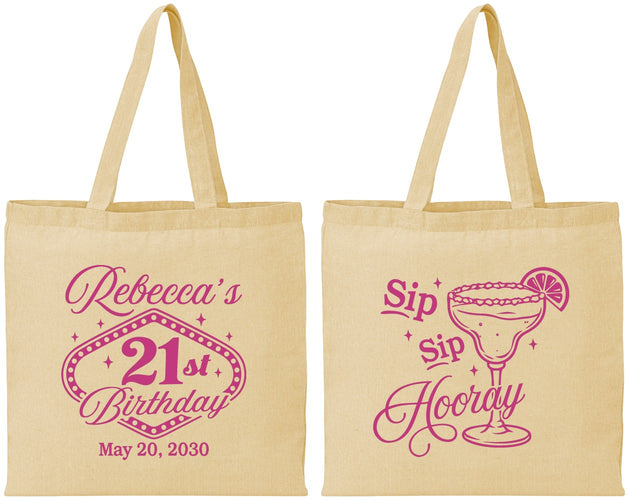 Personalized 21st Birthday Cotton Tote Bags - Sip Sip Hooray Vegas | 340006