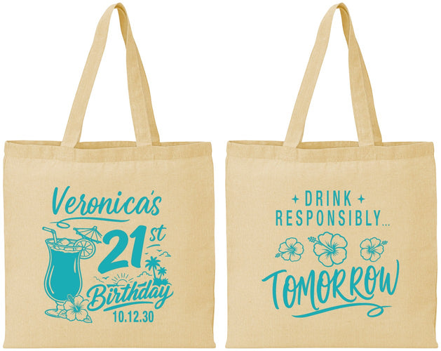 Personalized 21st Birthday Cotton Tote Bags - Drink Responsibly Tomorrow | 340015