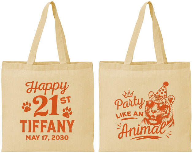 Personalized 21st Birthday Cotton Tote Bags - Party Like An Animal Tiger | 340020