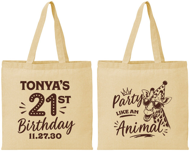 Personalized 21st Birthday Cotton Tote Bags - Party Like An Animal Giraffe | 340022