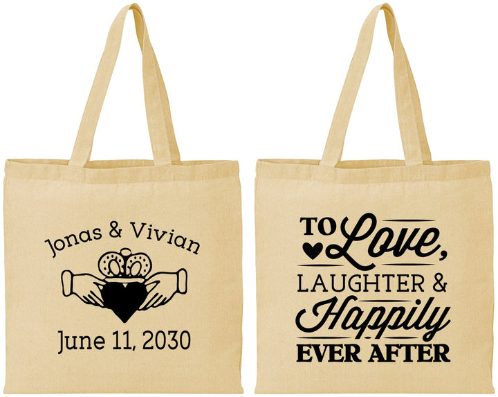 Personalized Wedding Cotton Tote Bags - Love Laughter Happily | 346