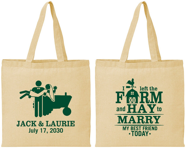 Personalized Wedding Cotton Tote Bags - Left The Farm Tractor | 347