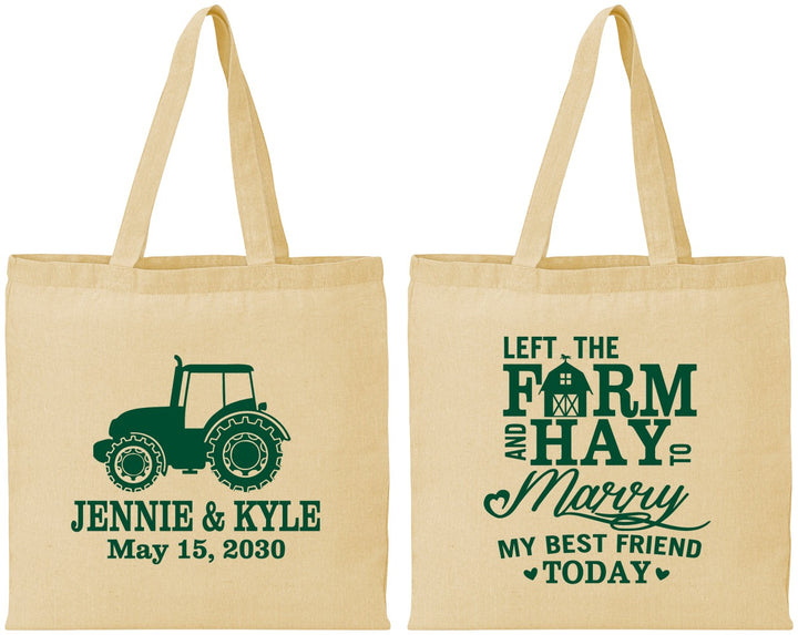 Personalized Wedding Cotton Tote Bags - Left The Farm Tractor | 351
