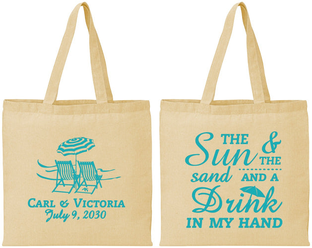 Personalized Wedding Cotton Tote Bags - Sun Sand Drink In My Hand | 353