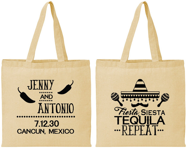 Personalized Wedding Cotton Tote Bags - Fiesta Siesta Tequila Repeat | 369