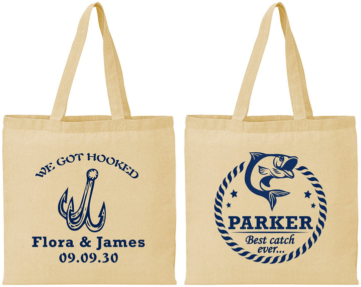 Personalized Wedding Cotton Tote Bags - We Got Hooked Fish | 392