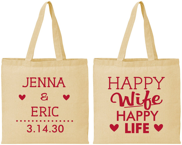 Personalized Wedding Cotton Tote Bags - Happy Wife Happy Life | 393
