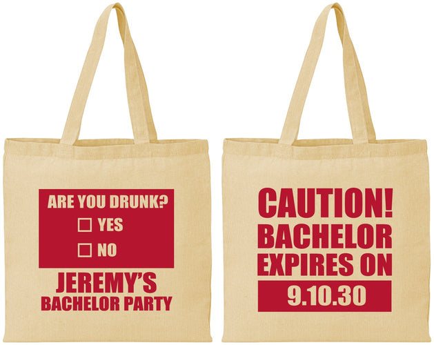 Personalized Bachelor Party Cotton Tote Bags - Caution Expires On | 40012