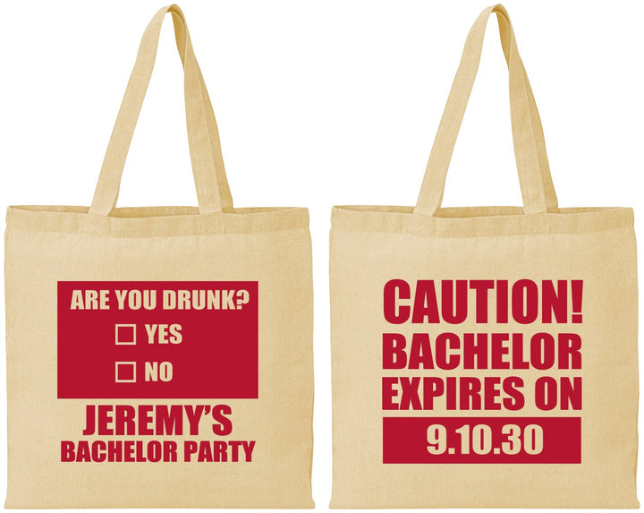 Personalized Bachelor Party Cotton Tote Bags - Caution Expires On | 40012