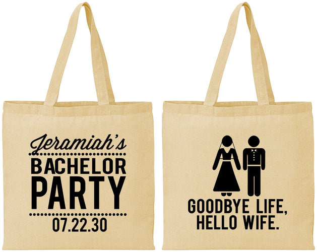 Personalized Bachelor Party Cotton Tote Bags - Goodbye Life Hello Wife | 40019