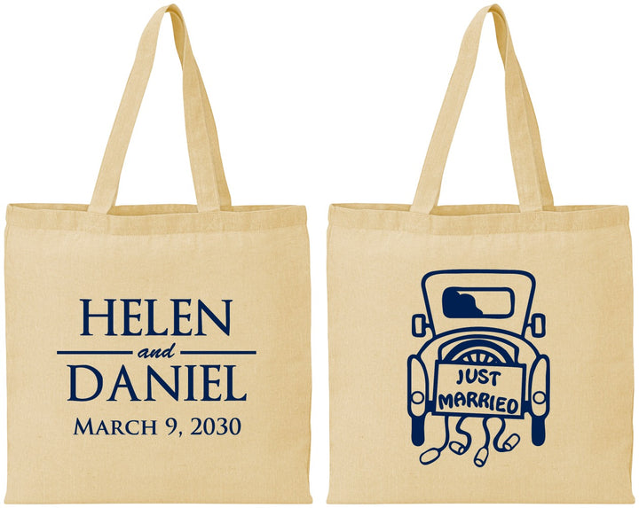 Personalized Wedding Cotton Tote Bags - Just Married Old Car | 413