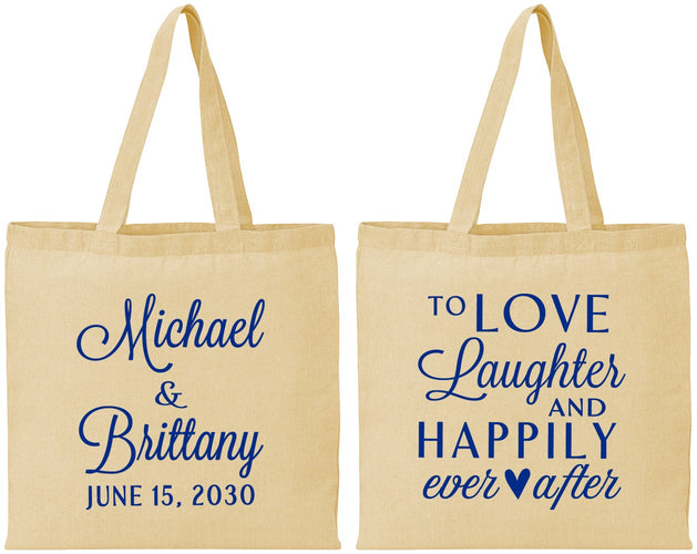 Personalized Wedding Cotton Tote Bags - Love Laughter Happily | 432