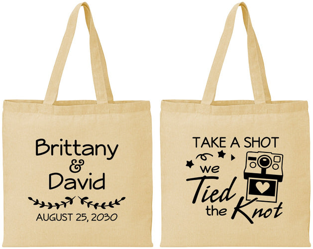 Personalized Wedding Cotton Tote Bags - Take A Shot We Tied The Knot | 553