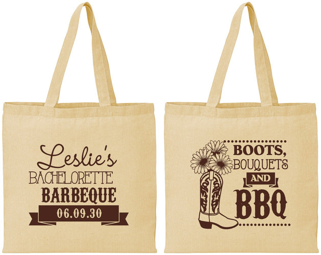 Personalized Bachelorette Cotton Tote Bags - Boots Bouquets Bbq | 60035