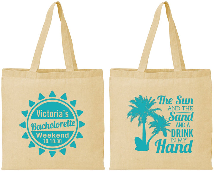 Personalized Bachelorette Cotton Tote Bags - Sun Sand Drink Hand | 60114